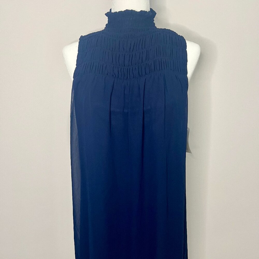 Navy Blue Smocked Neck Shift Dress